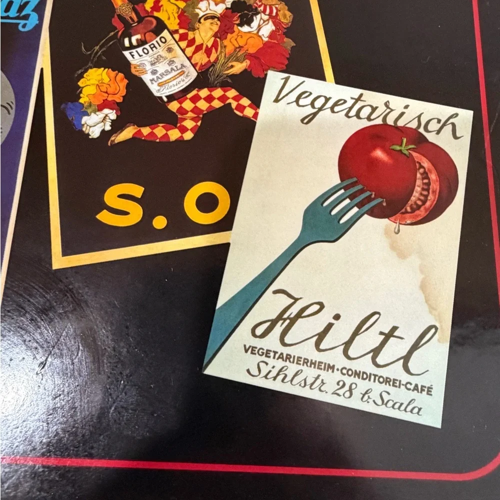 Vintage Pottery Barn Trays with Retro Labels.